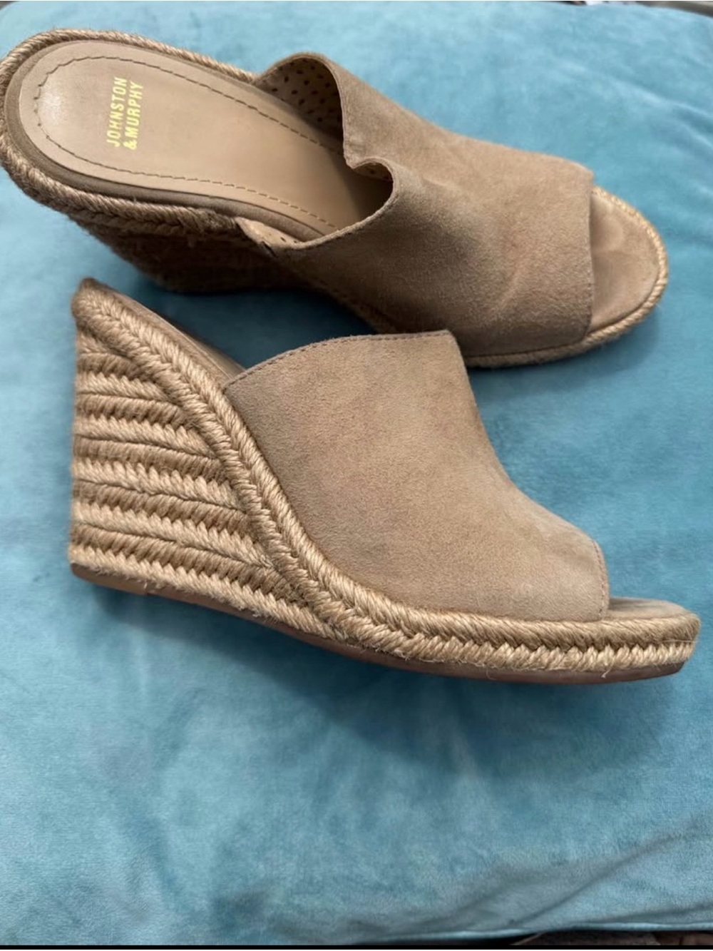 Johnston & Murphy Taupe Suede Rope-Wrapped Espadrille Wedge Mules